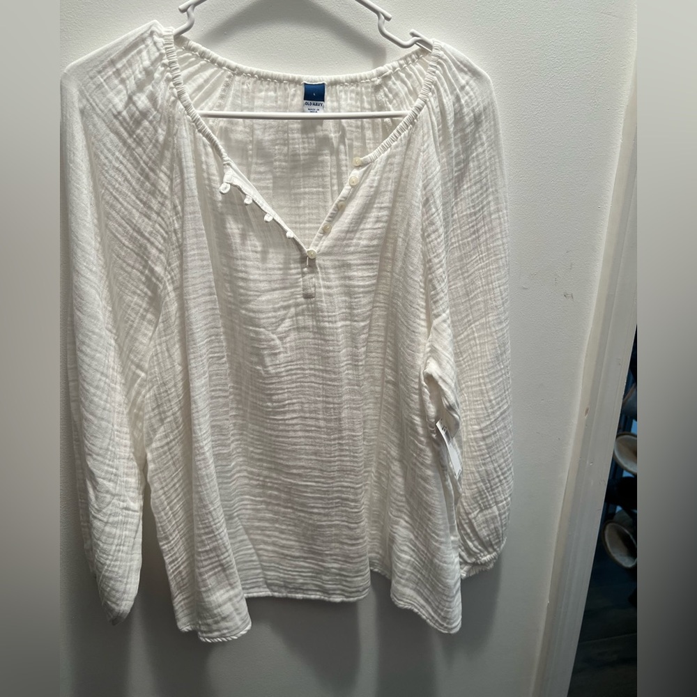 White Linen long sleeve Blouse - L